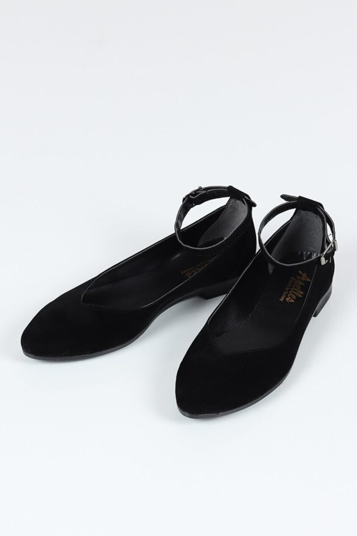 Shoes Siyah Süet Kadın Bilekten Tokalı Babet