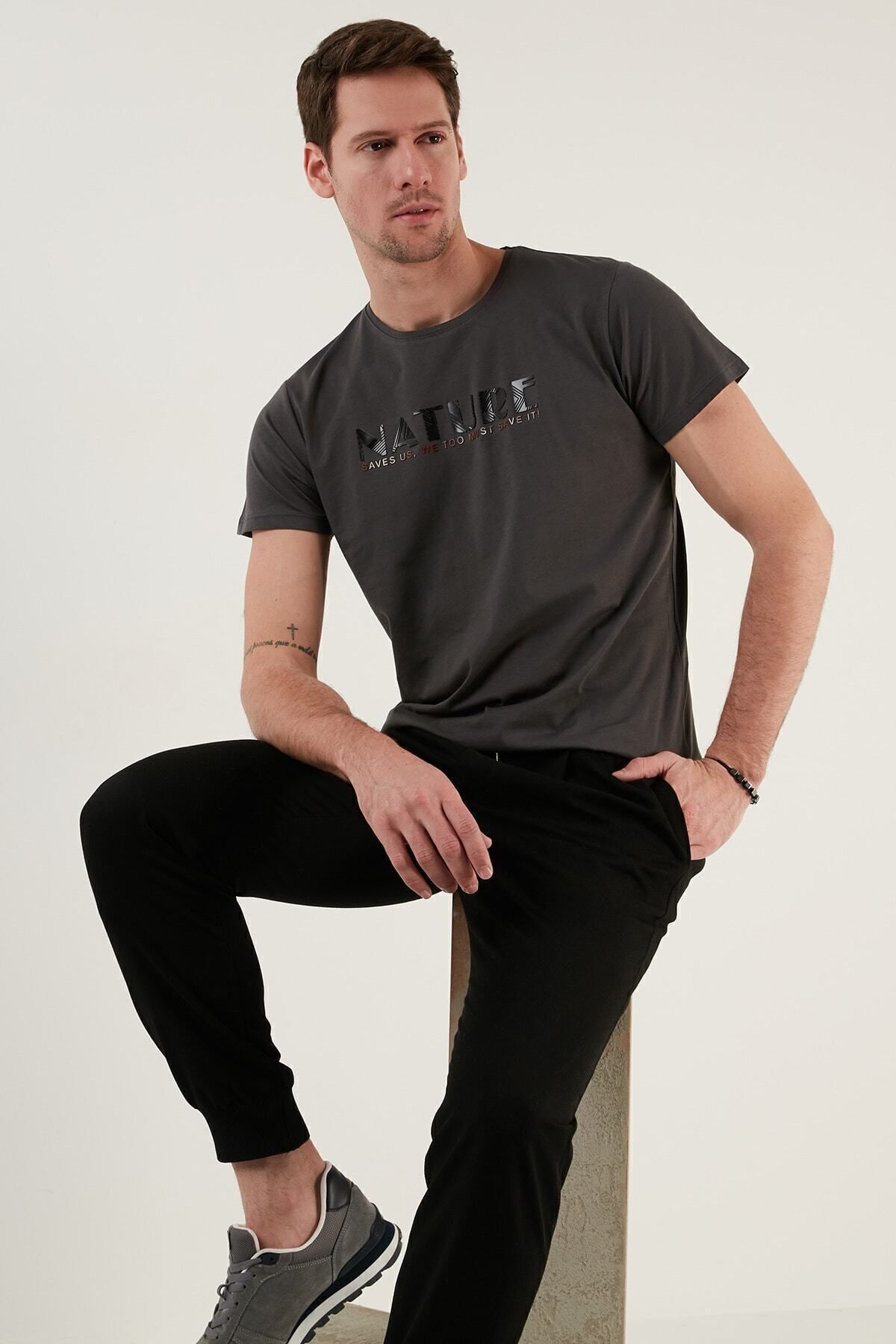 Text Printed Crew Neck 100% نخی باریک تی شرت تی شرت مردانه 541nature Buratti