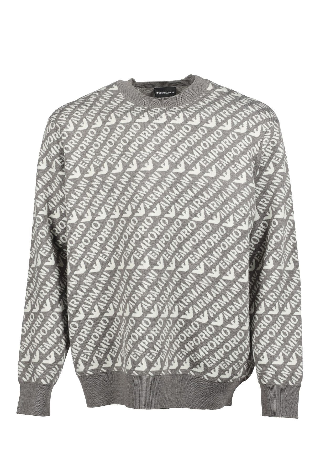 امپوریو آرمانی پلیور مردانه یقه گرد طرح لوگو دیتیل خاکستری سایز معمولی 6R1MU2 1MMKZ-F430
