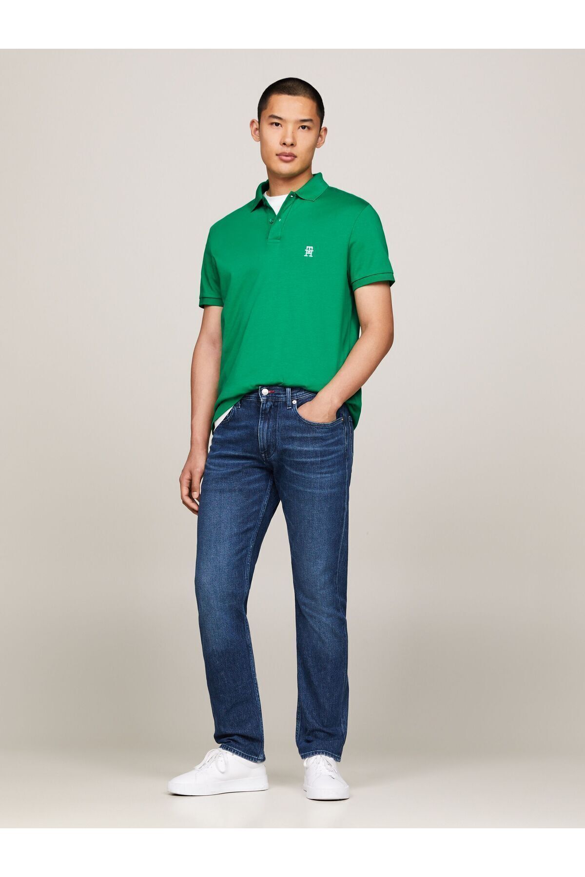 تی شرت یقه پولو سبز مردانه بافی بافندگی روزانه چند قطبی Green Mw0MW34783 L4B Tommy Hilfiger