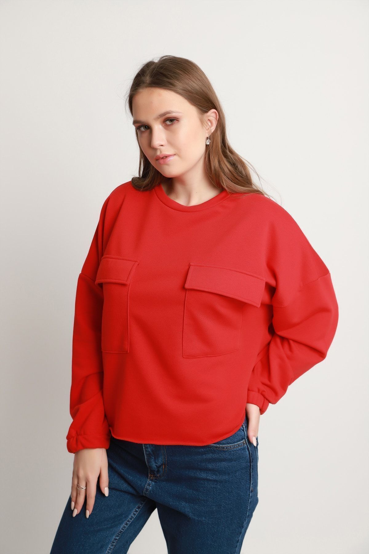 Kırmızı Çift Cep Kapaklı Sweatshirt | MK19W274828