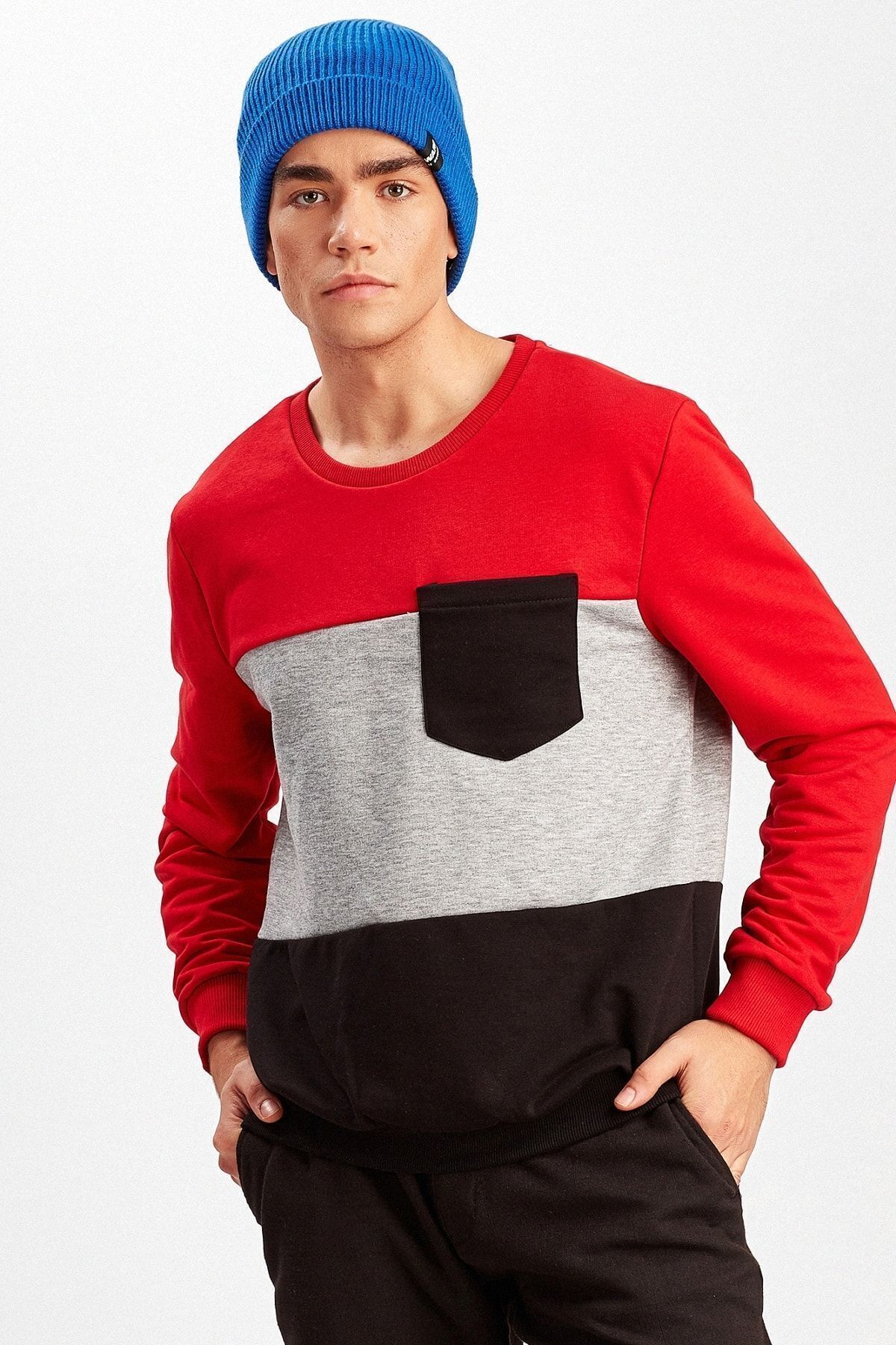 Kırmızı-Gri-Siyah Erkek Sweatshirt | ME19W224250