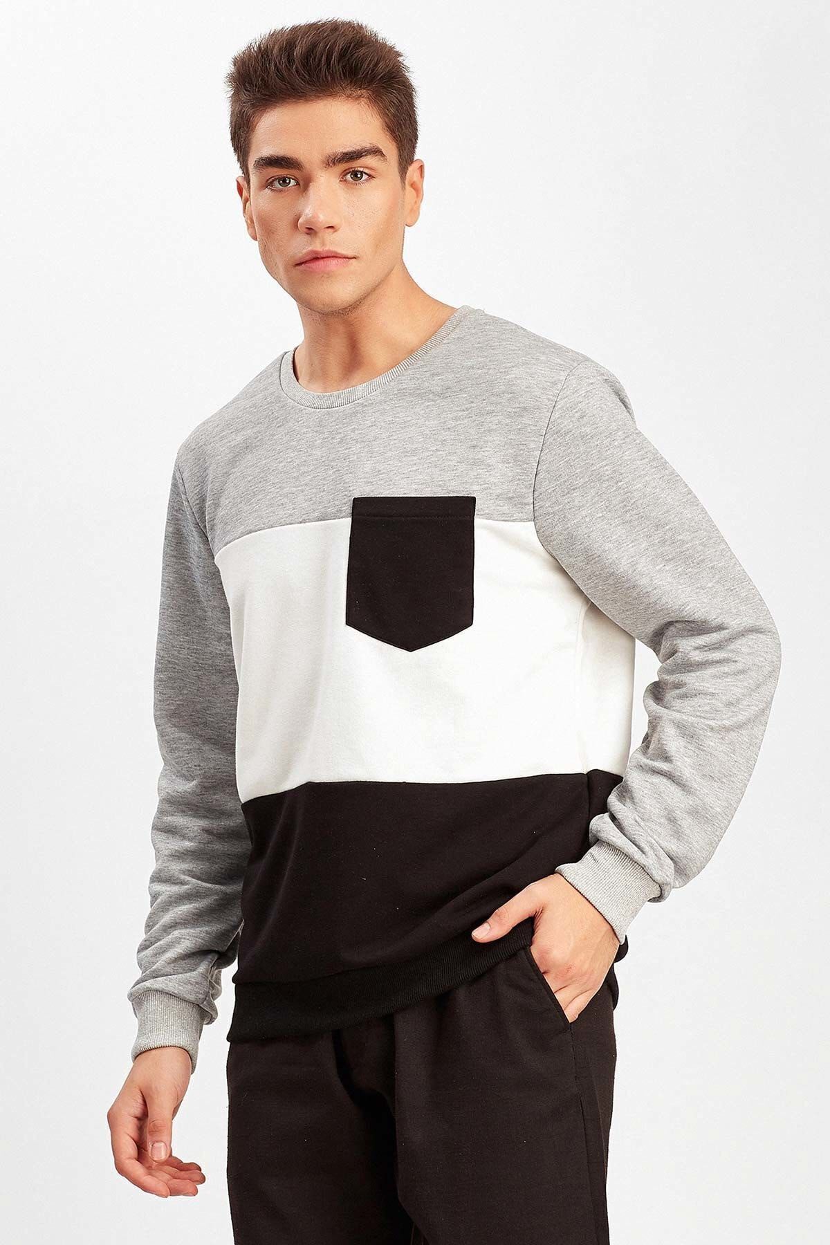 Gri-Ekru-Siyah Erkek Sweatshirt | ME19W224250