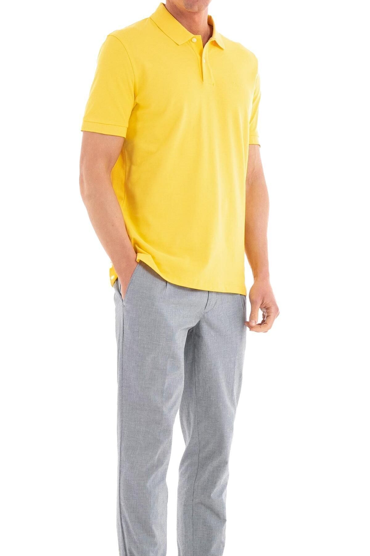 تی شرت یقه پولو زرد مردانه دکمه پنبه آستین کوتاه Yellow1 Polo Collar T Shirt 731 BOSS