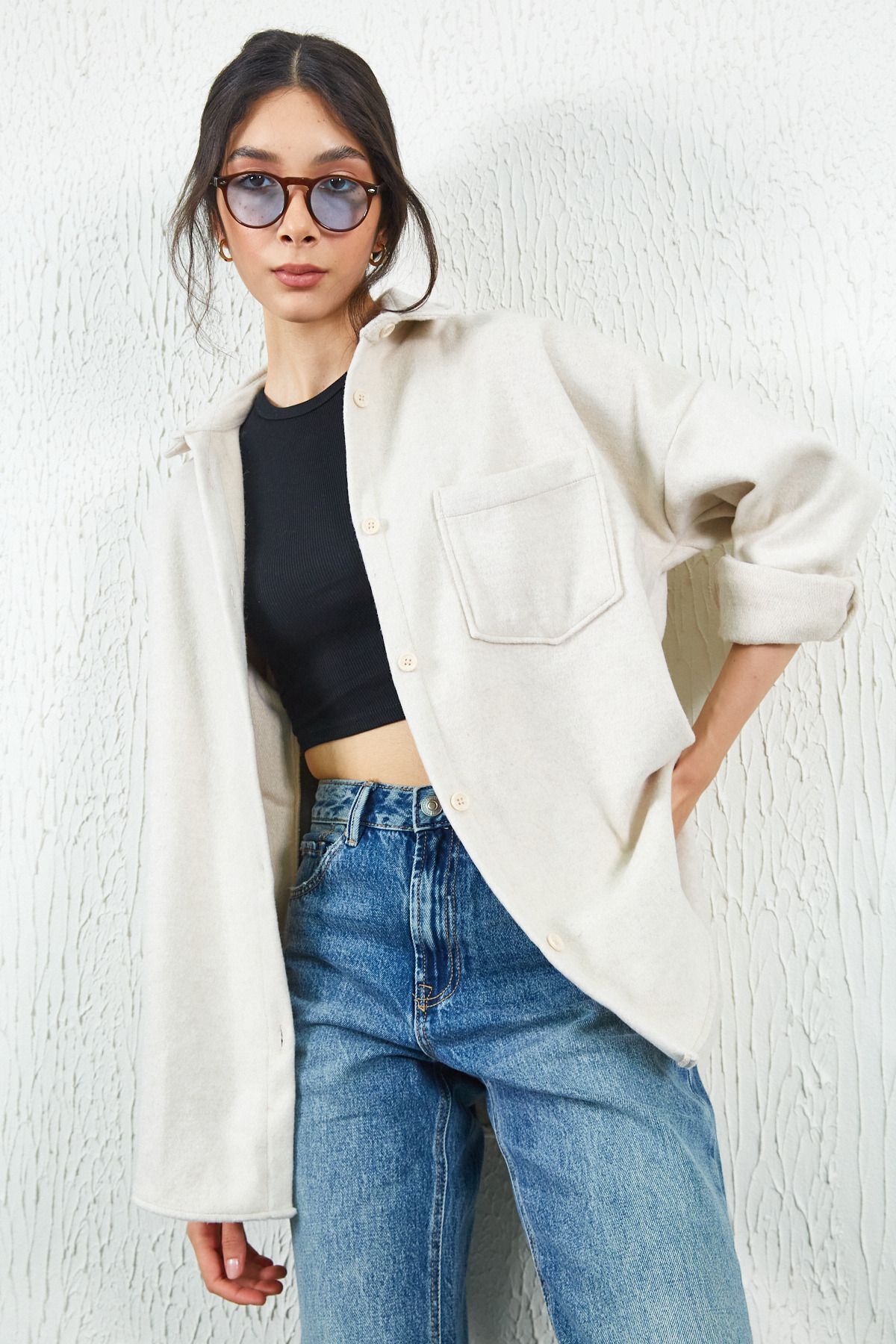 Taş Oversize Kaşe Gömlek | MKW167279-01