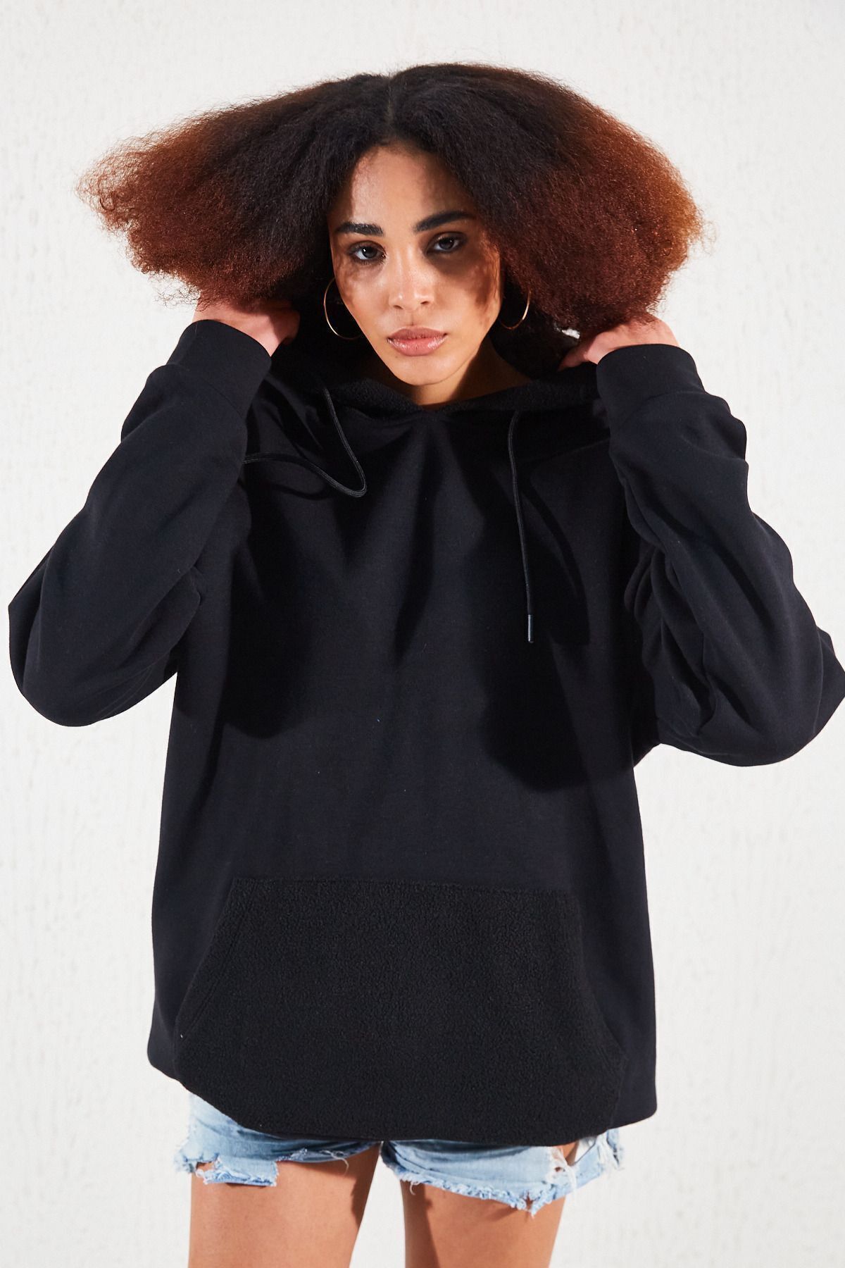 Toptan | Unisex Oversize Kapüşonlu Kanguru Cepli Sweat | Siyah