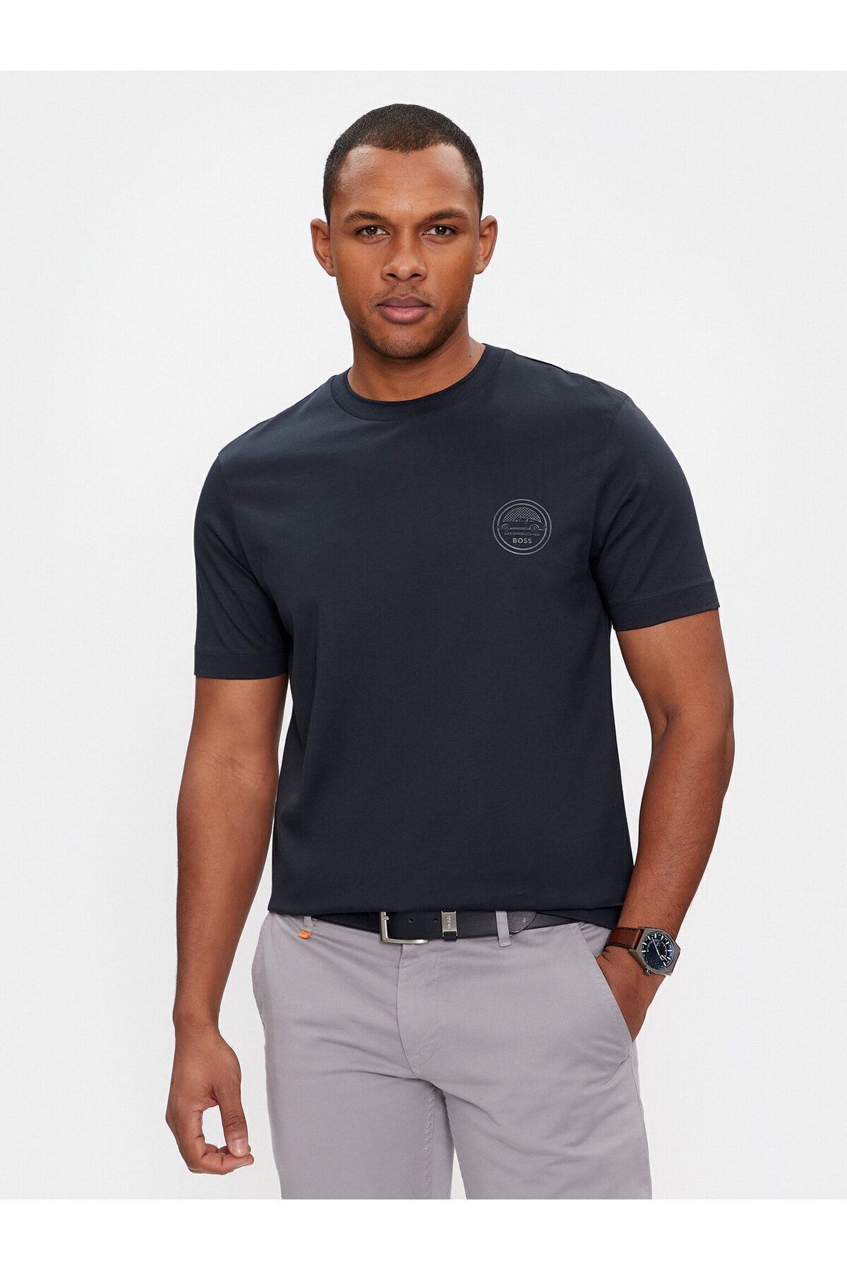 تی شرت آبی مردانه دوچرخه سواری مسطح کوتاه آستین مناسب Yaka Navy Blue 404 BOSS