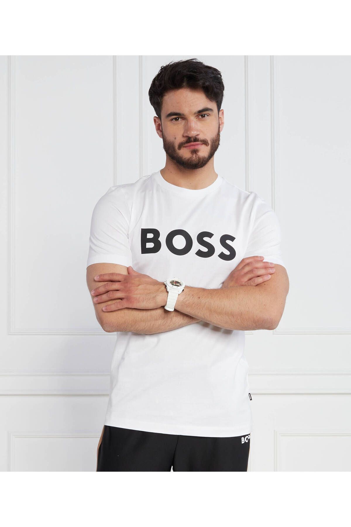 تی شرت سفید مردانه یقه دوچرخه سواری مسطح به طور منظم آستین کوتاه 100 BOSS