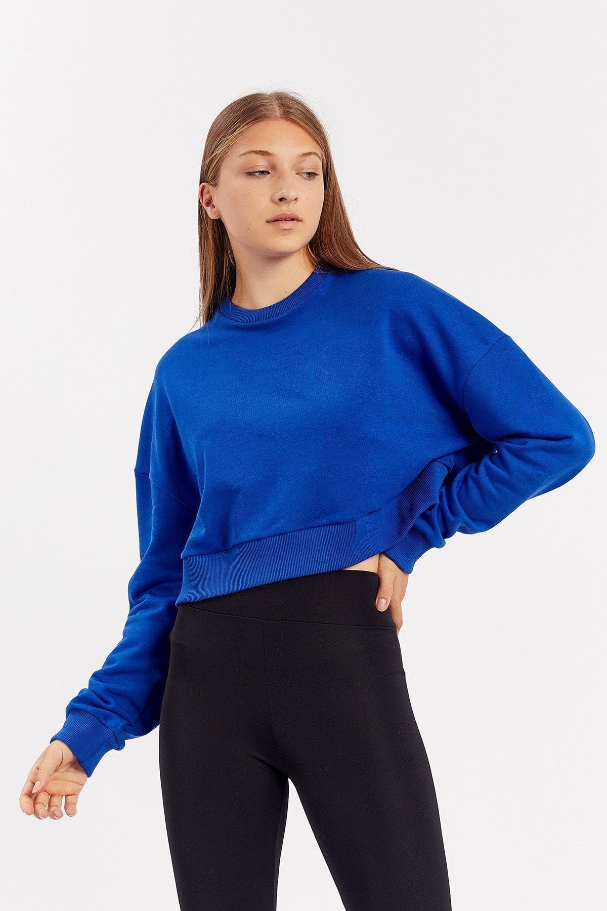 Toptan | Saks Bisiklet Yaka Crop Sweatshirt