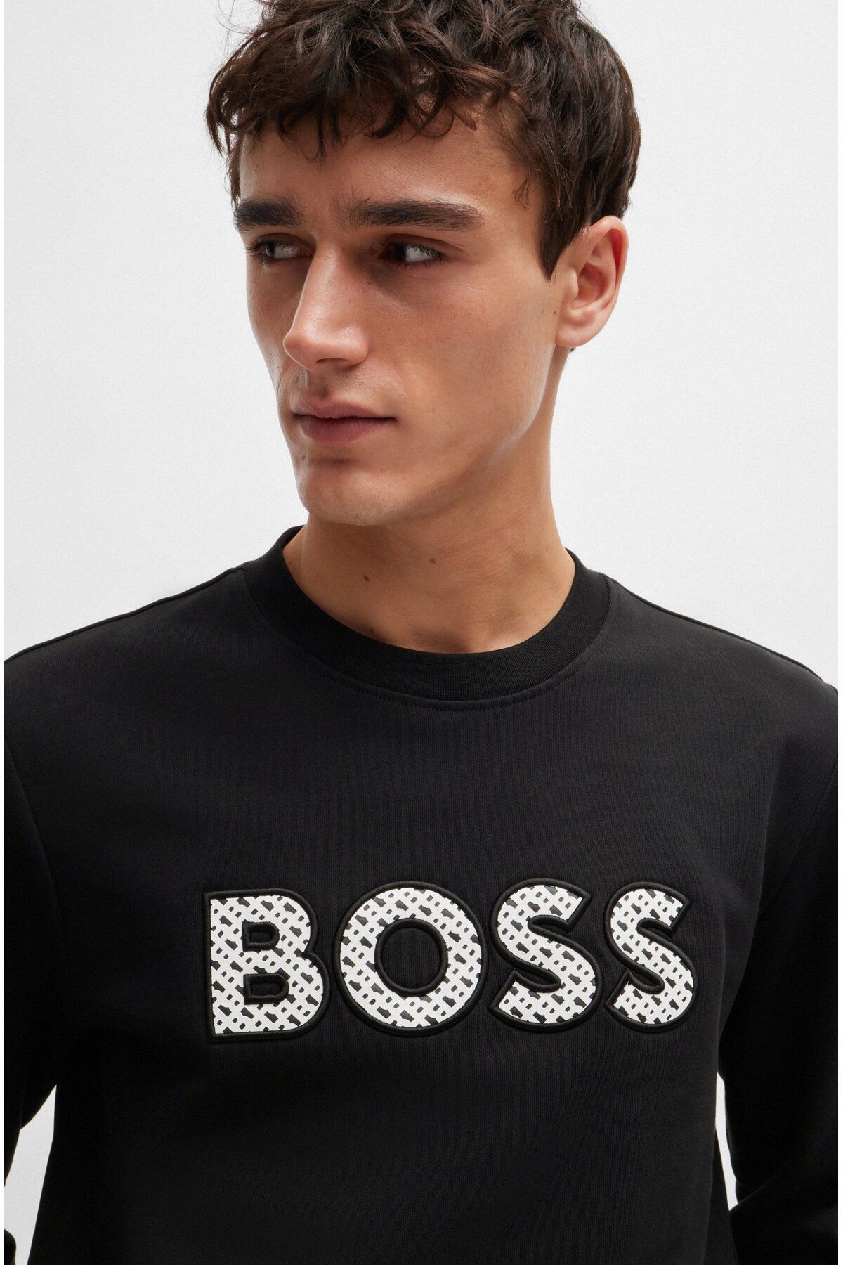 سویشرت مشکی مردانه یقه دوچرخه مناسب آستین بلند پنبه سیاه 002 BOSS
