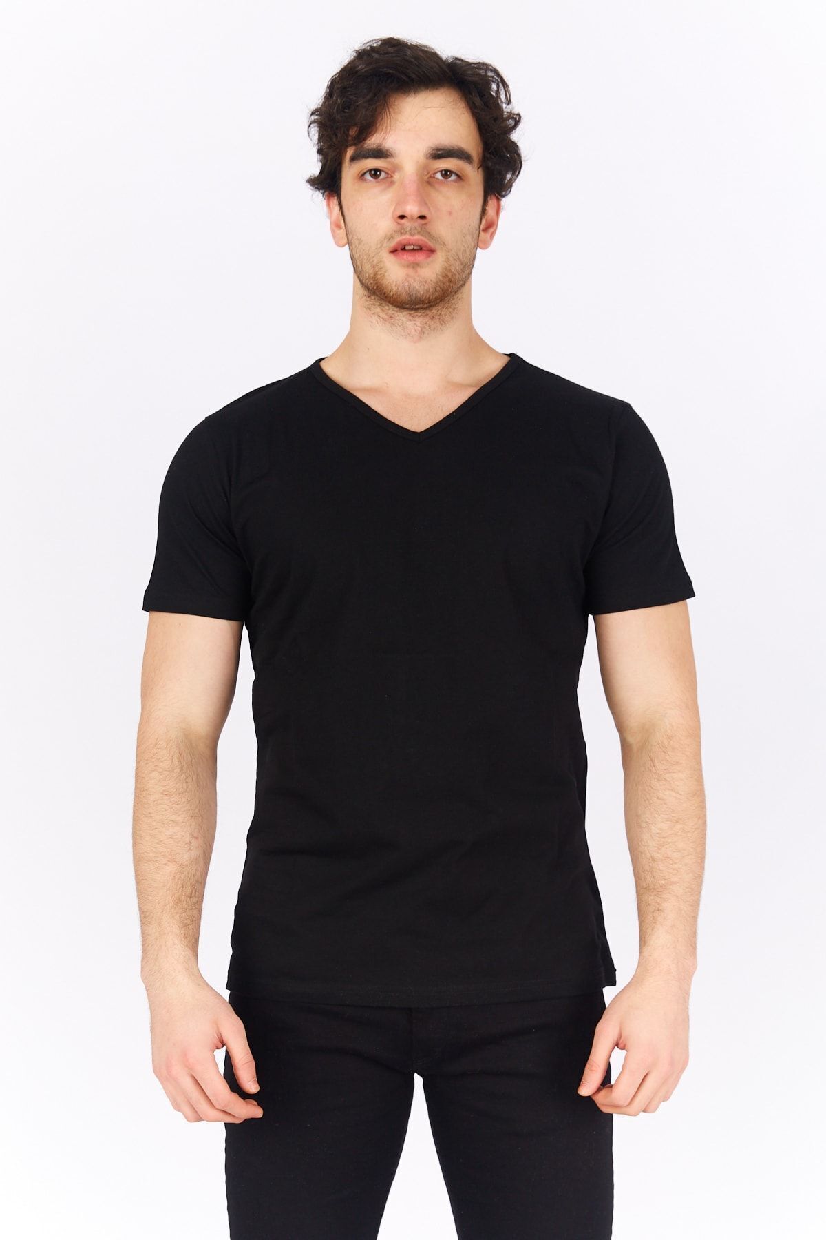 Erkek Siyah Beyaz V Yaka Basic T-Shirt 2\'li Me20s214177