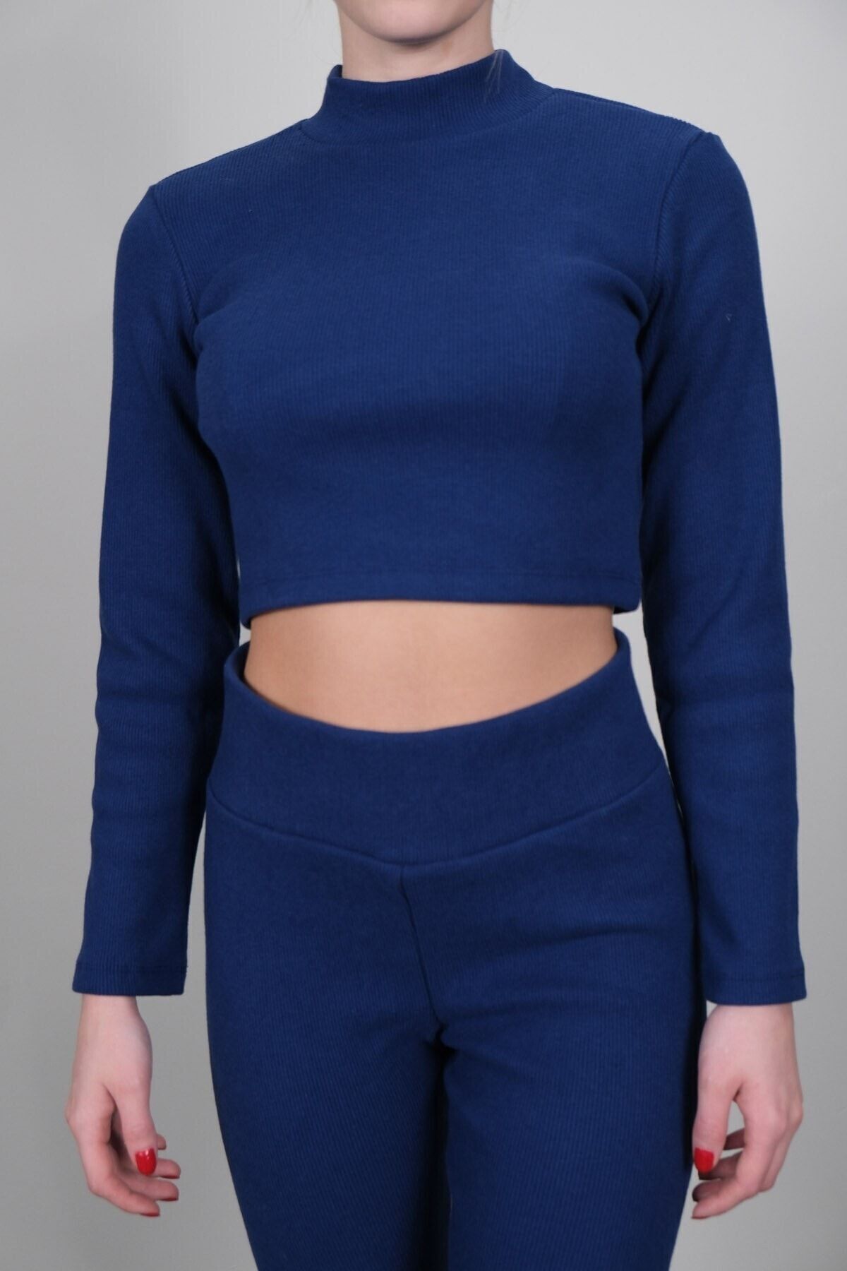 Toptan | Indigo Selanik Boğazlı Uzun Kollu Crop