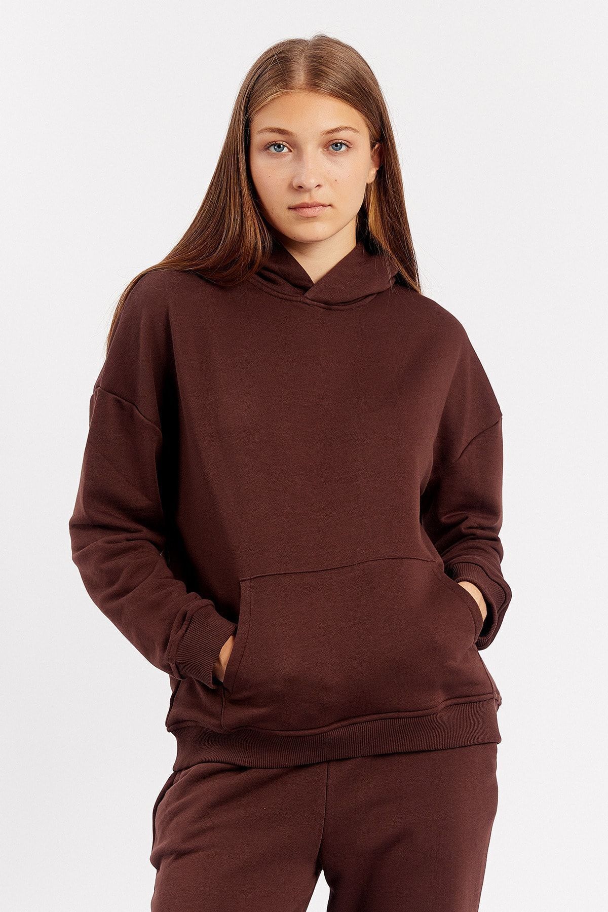 Toptan | Kahverengi Kapüşonlu Kanguru Cepli Oversize Sweat