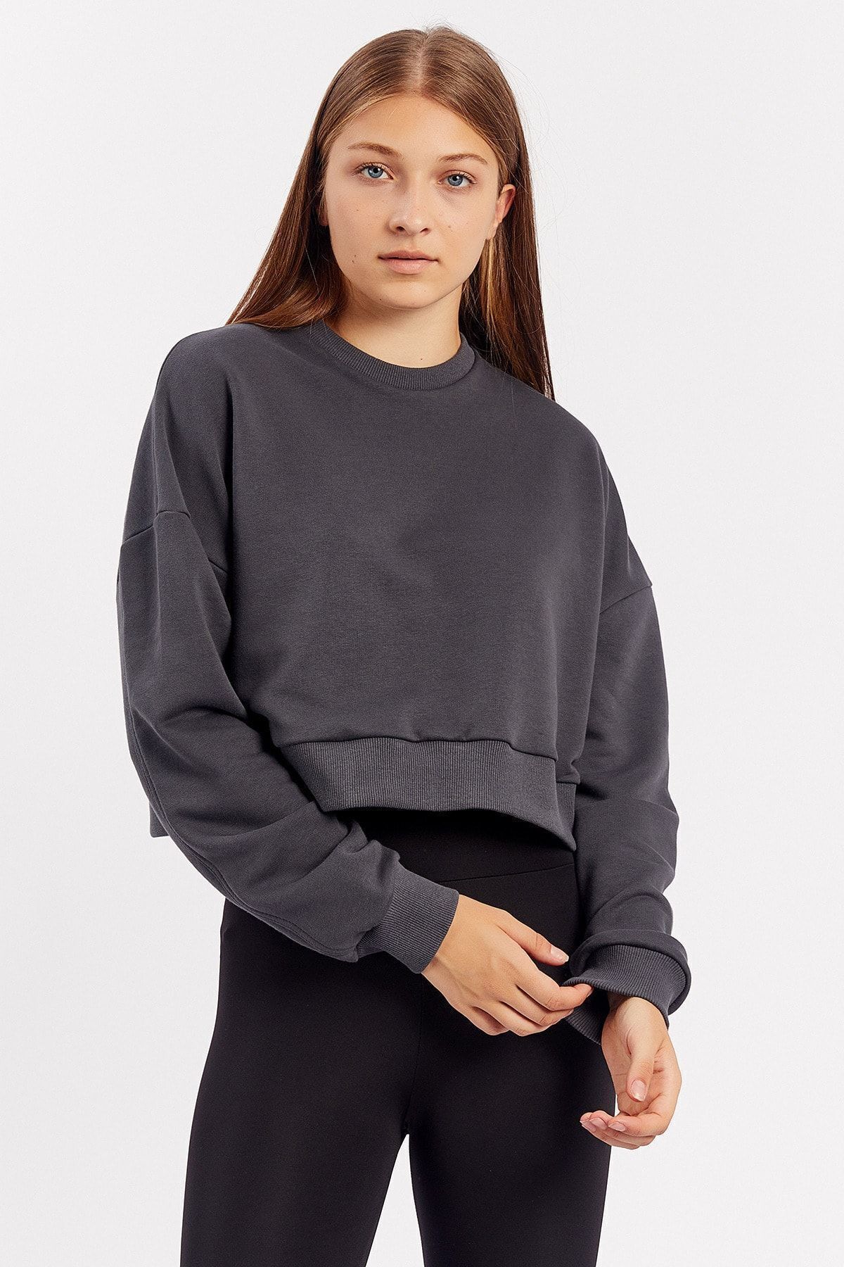 Toptan | Füme Bisiklet Yaka Crop Sweatshirt