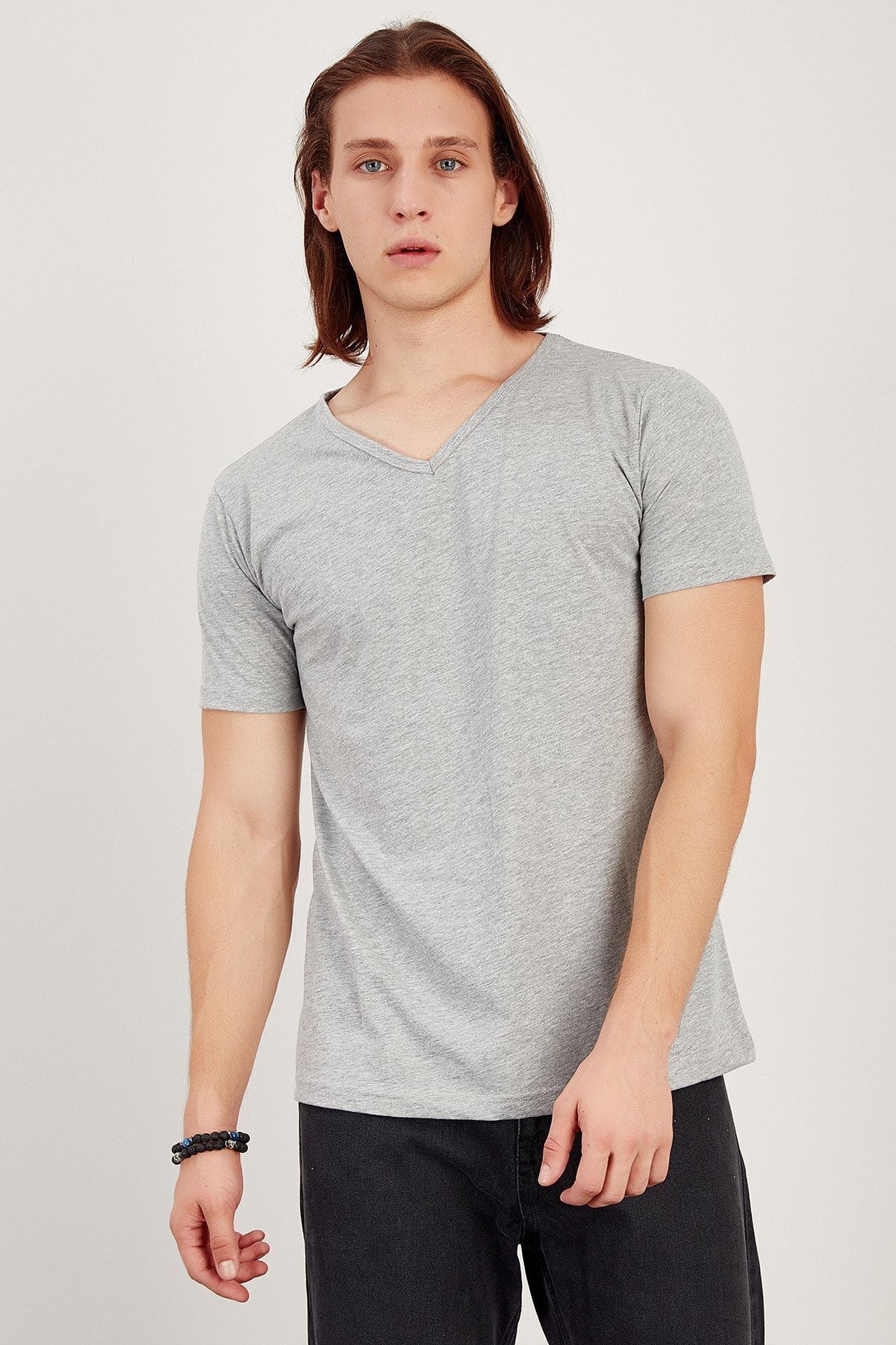 Erkek Gri Melanj V Yaka Basic T-shirt Me20s214177