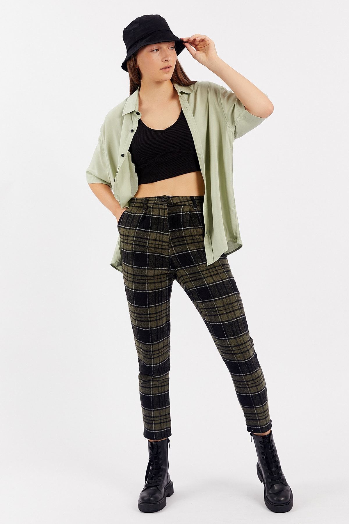 Haki Kadın Mom Fit Flannel Pantolon | MK21W660089