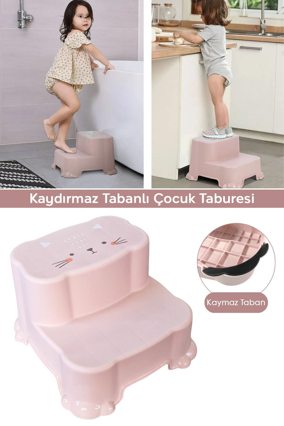Meleni Baby Kaydırmaz Çocuk Taburesi - Çift Basamaklı Banyo Lavabo Merdiven Yükseltici Bebek Basamağı Pembe
