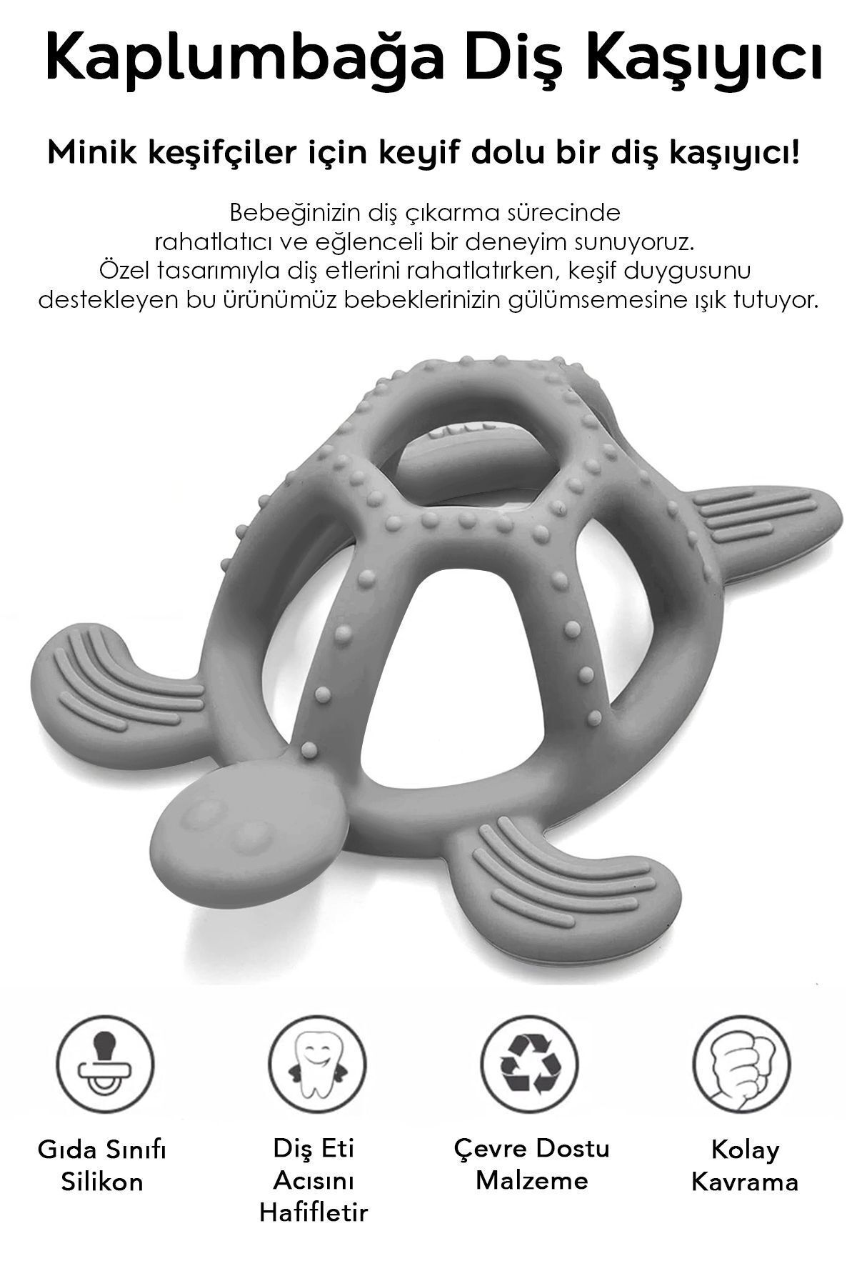 Meleni Baby Kaplumbağa Figürlü Bebek Dişlik - Diş Kaşıyıcı Bebek Dişliği - Gri fotoğrafı 2 (önizleme)