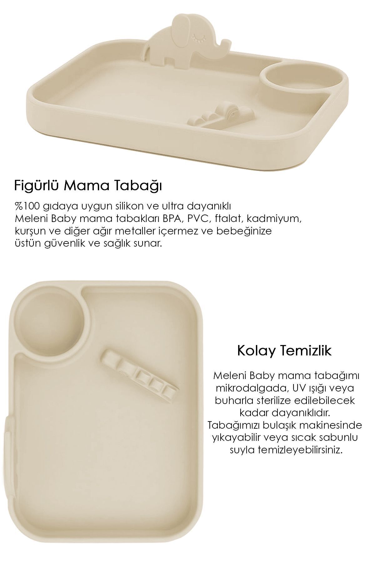 Meleni Baby 4'lü Silikon Beslenme Seti - 3 Bölmeli Beslenme Tabağı, Silikon Kaşık, Silikon Önlük, Bardak - Bej fotoğrafı 7 (önizleme)