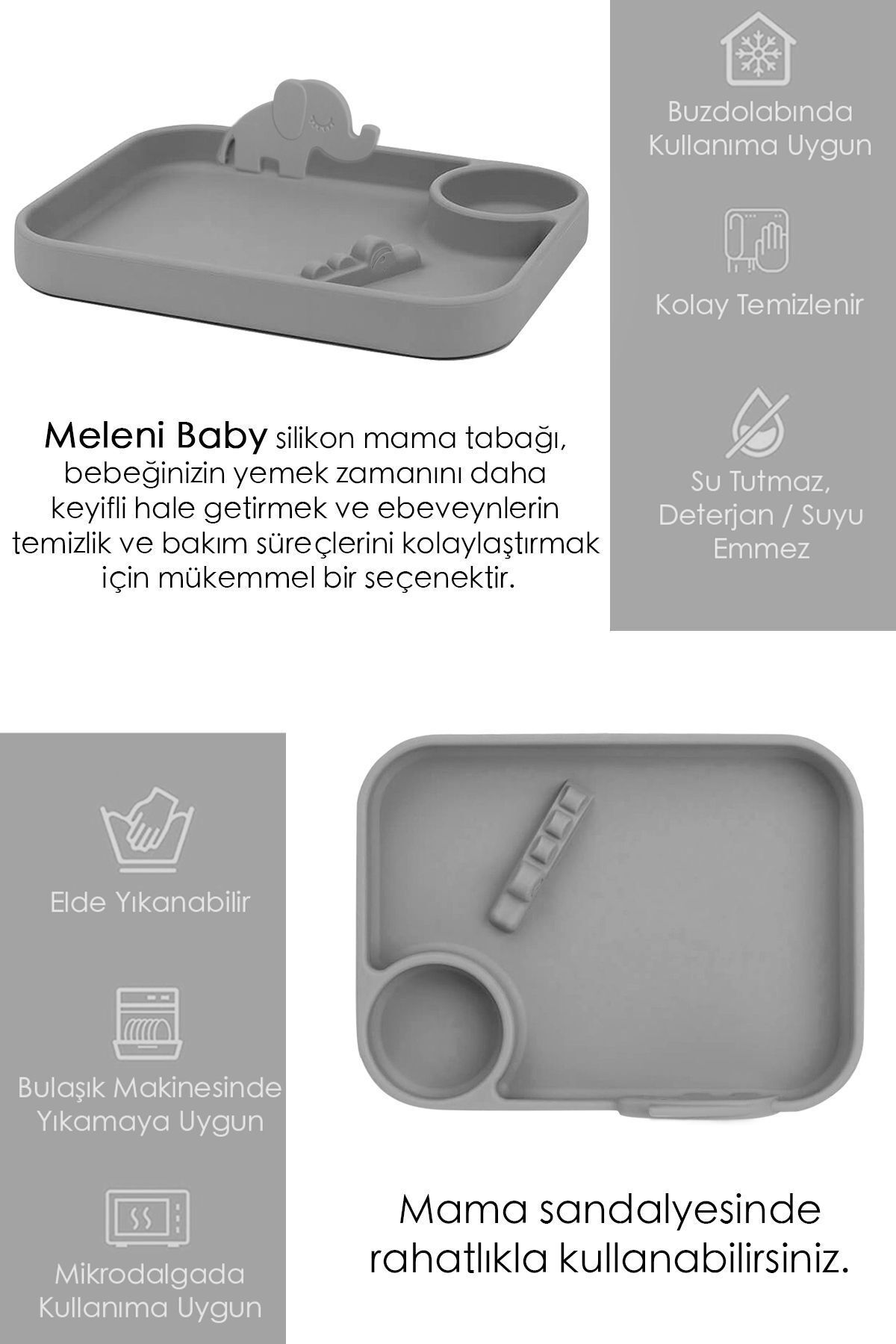 Meleni Baby 2'li Silikon Beslenme Seti - 3 Bölmeli Silikon Beslenme Tabağı, Diş Kaşıyıcı Özellikli Kaşık - Gri fotoğrafı 5 (önizleme)