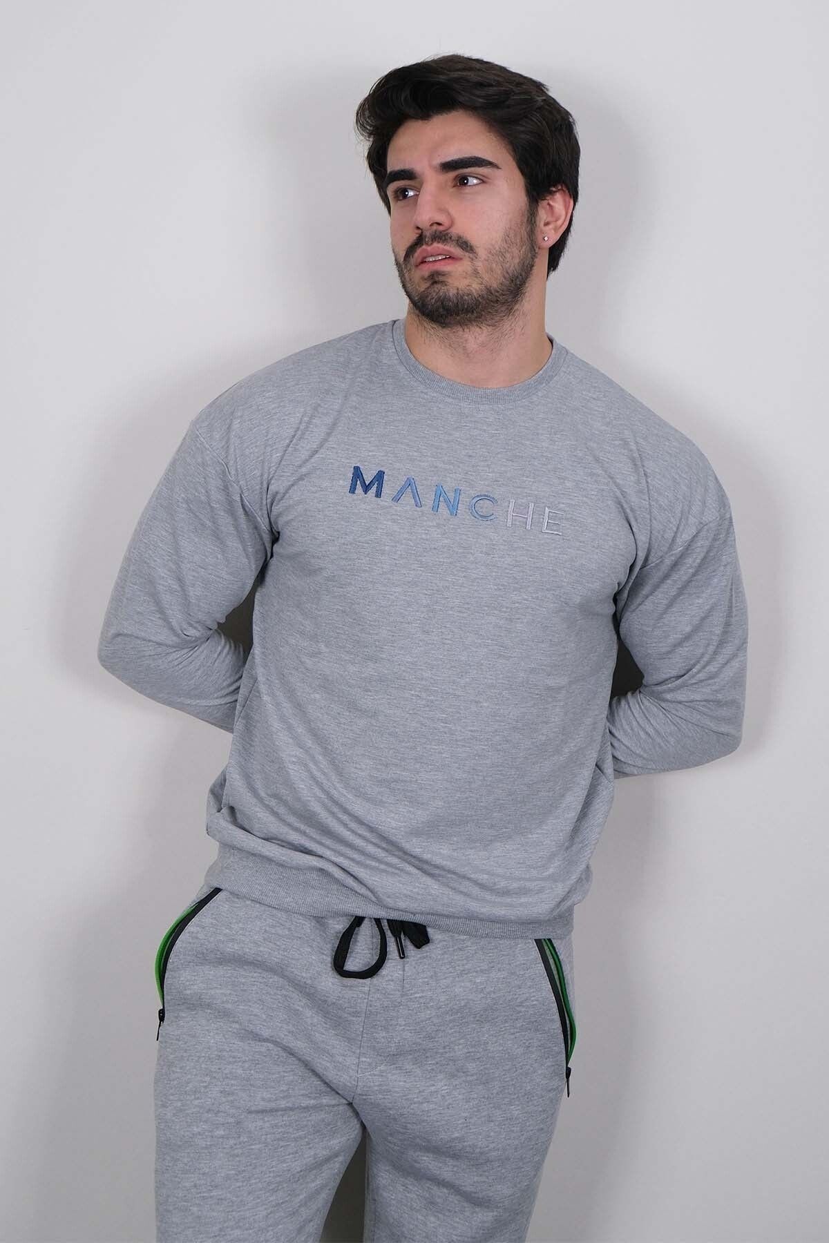 Toptan | Gri Melanj Önü Nakışlı Erkek Sweatshirt