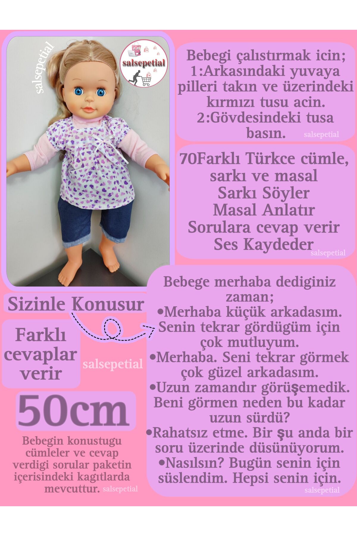 Salsepetial Büyük Boy Türkçe Konuşan Et Bez Bebek 50cm 16 Soruya 70 Farklı Cevap Veren Şarkı Söyleyen Bebek 50cm fotoğrafı 2 (önizleme)