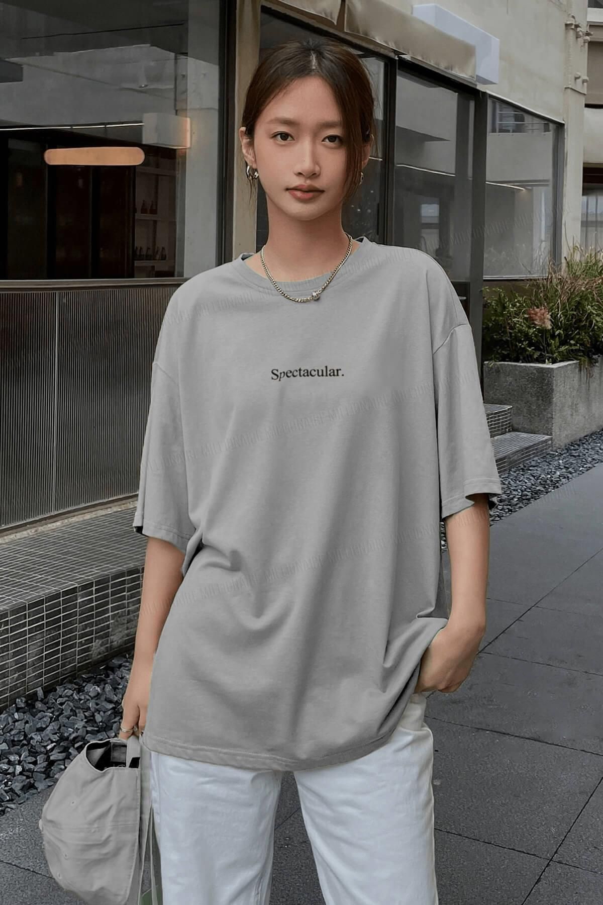 Spectacular Gri Oversize Salas Boyfriend Kadın T-shirt