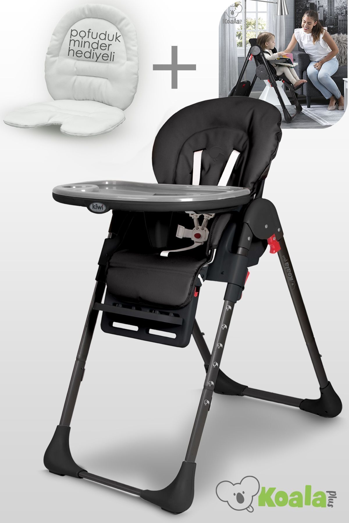 Kiwi Koala All in One Katlanır Tekerlekli Minderli Lüks Mama Sandalyesi Siyah