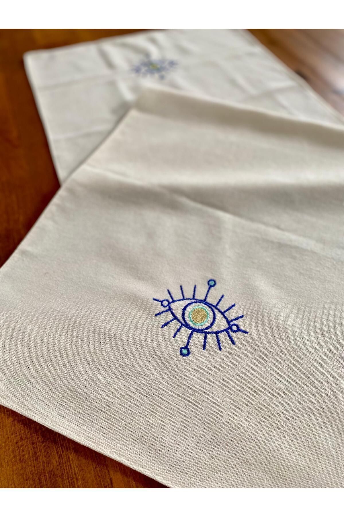 Soft Colours-Authentic Eye Evil Eye Embroidered Organic Raw Linen Runner 100% Cotton 40X140 cm 3