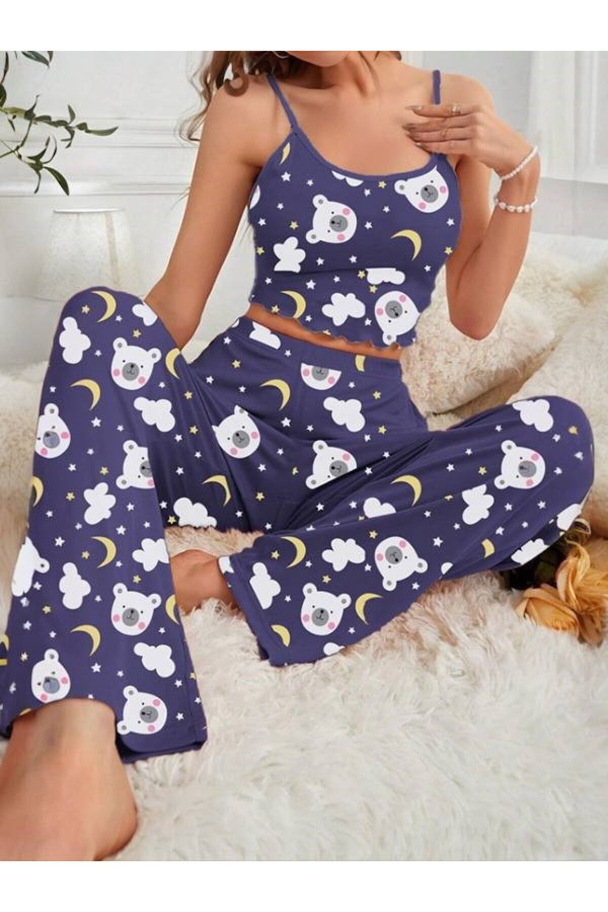 AURA Kadın Askılı Uzun Pijama Takımı PolarBear6