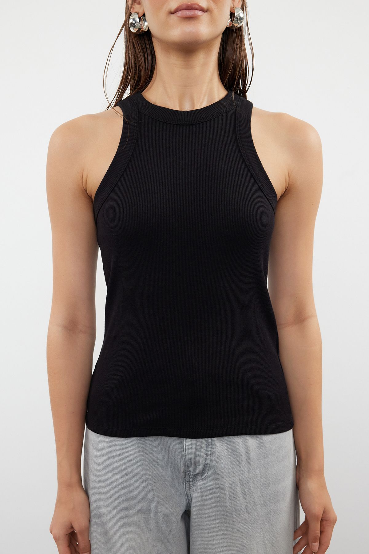 Trendyol Collection-Flexible Corded Black Halter Neck Undershirt - Regular Size TWOSS24AL00064 3