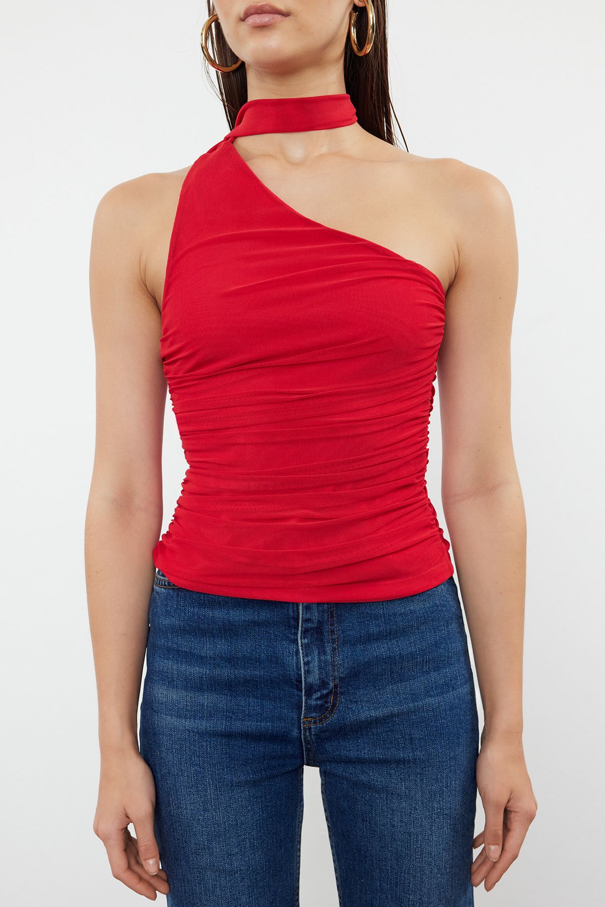 Trendyol Collection-Stretchy Red Knitted Blouse - Halter Neck, Drawstring and Lined TWOSS24BZ00202 4