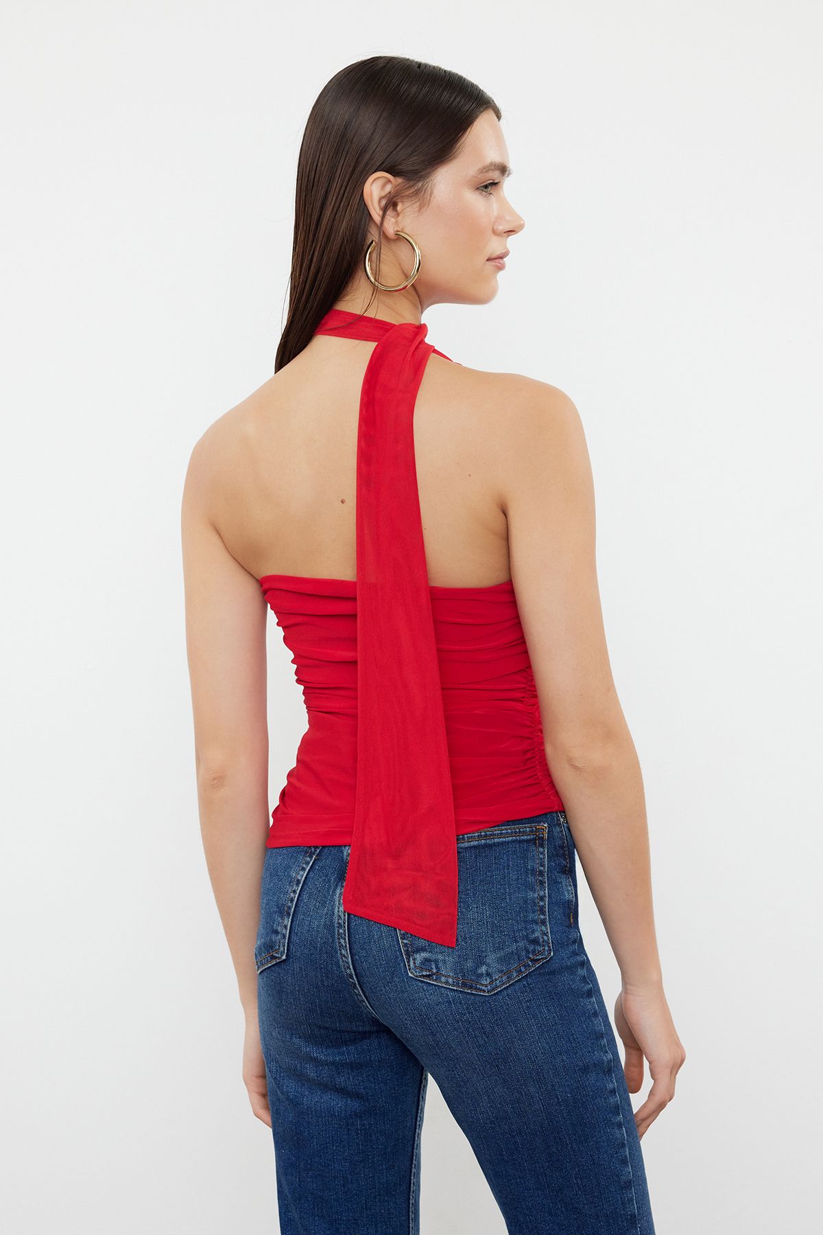 Trendyol Collection-Stretchy Red Knitted Blouse - Halter Neck, Drawstring and Lined TWOSS24BZ00202 5