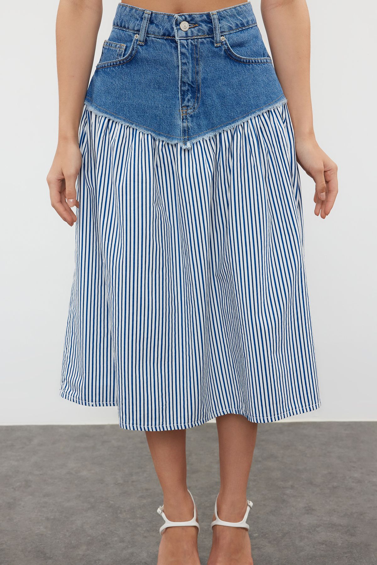 Trendyol Collection-High Waist Midi Denim Skirt - Multicolor and Chevron, Block Pattern TWOSS24ET00142 8