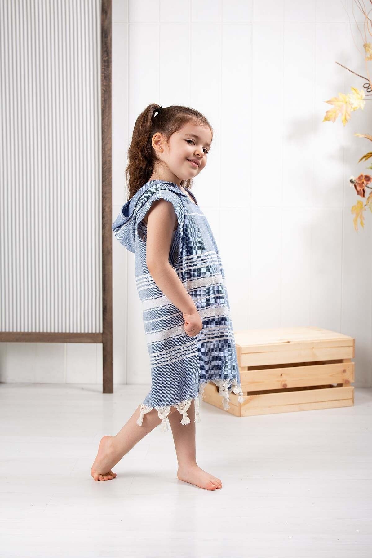 Formeya-Kinder-Bademantel, Poncho, 100 % Baumwolle, Strandtuch, Peshtemal, Marineblau 3