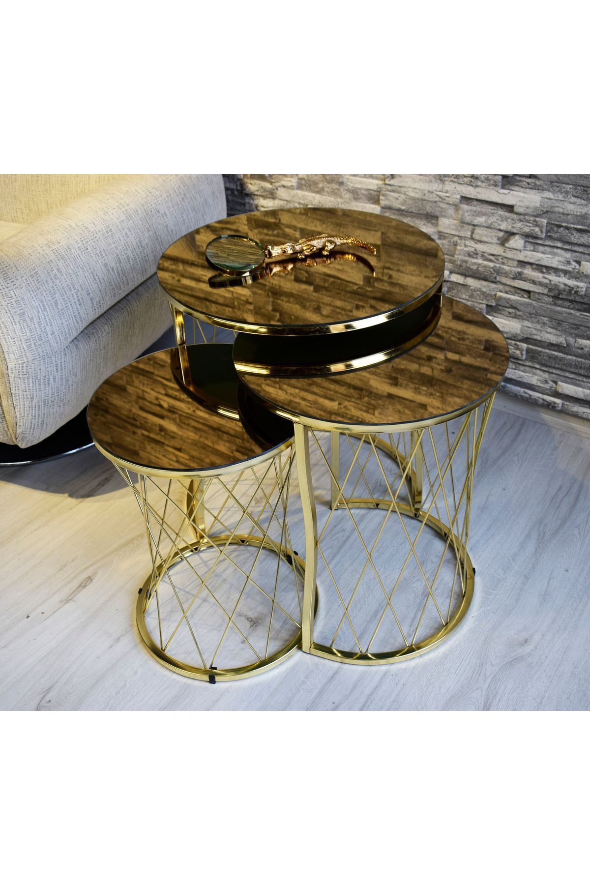 Hasır Telli Bronz Ayna Gold Metal Ayak Zigon Sehpa