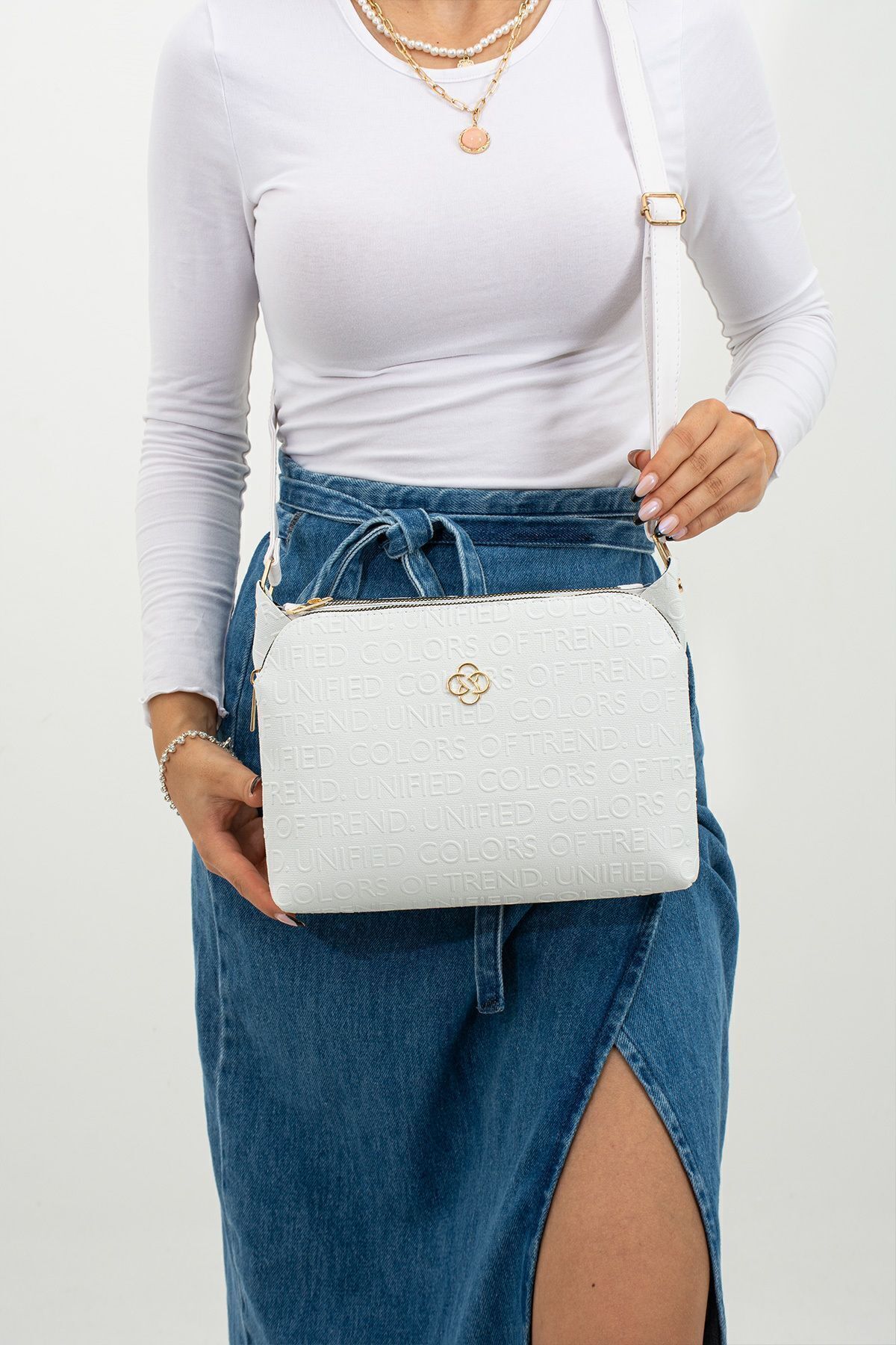 mugalas-White Text Printed Three Compartment Water Repellent Shoulder Cross Strap Quality Bag 2