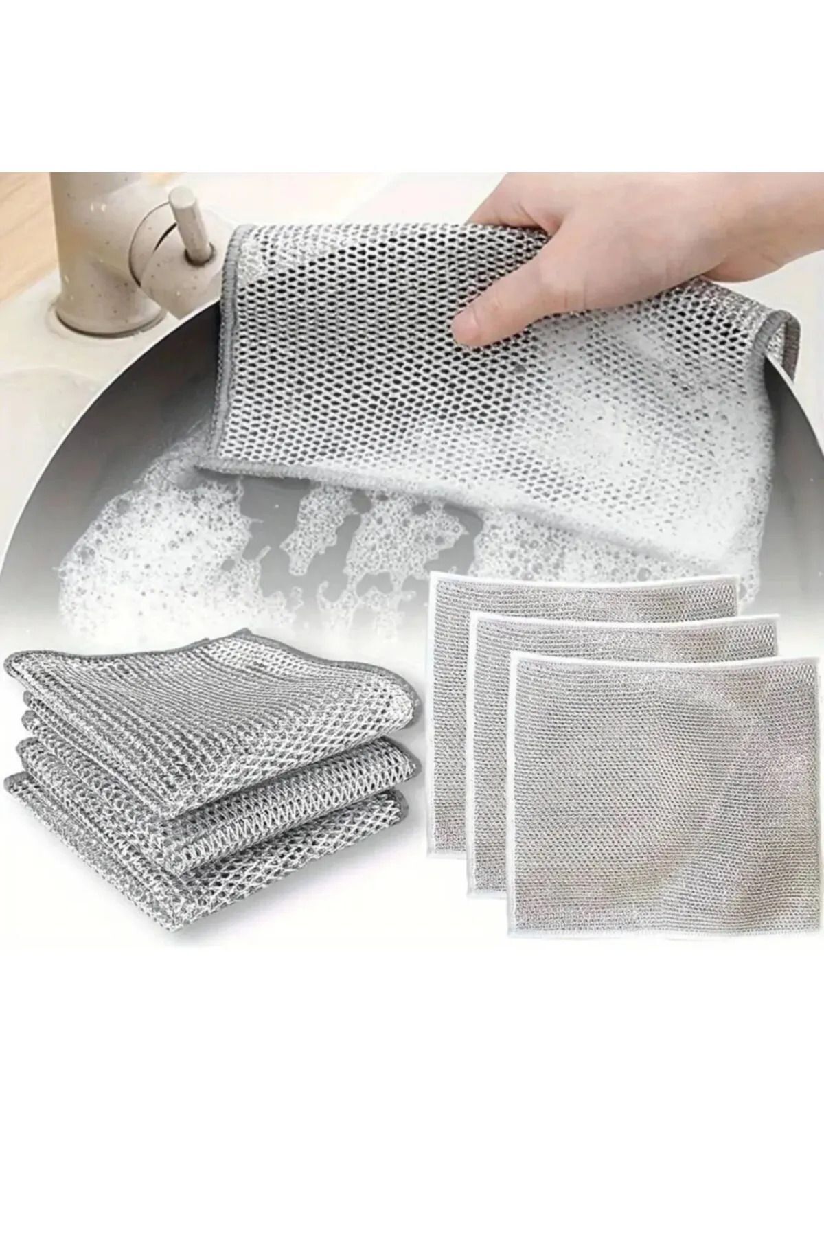 5 ADET Inox Tel Bez Bulaşık Bezi, Zor Kir Bezi, Mutfak Banyo Bezi Çift Katlı Çok Amaçlı Bez - 4