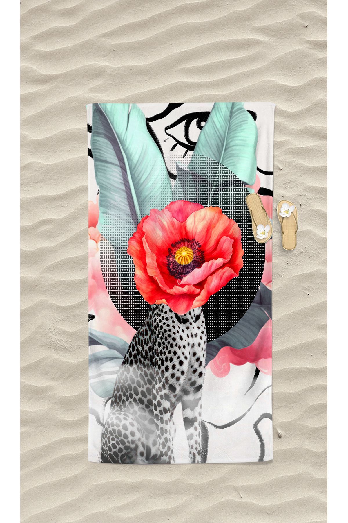 YORKADESIGN Renkli Çiçekli Leopar Desenli Baskılı Plaj Deniz Havlusu