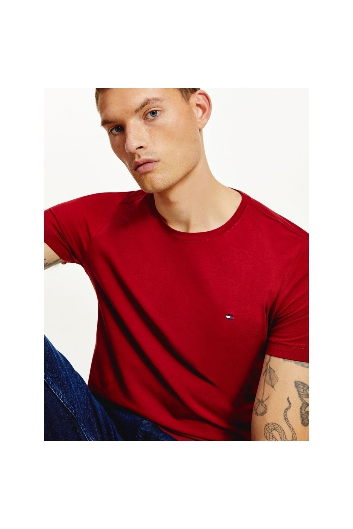 تی شرت قرمز مردانه پارچه بافندگی مدل آستین کوتاه مسطح Red1 MW0MW10800 XIT Tommy Hilfiger