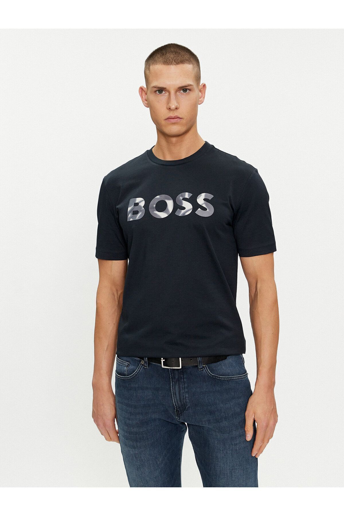 تی شرت آبی مردانه دوچرخه سواری مسطح کوتاه آستین مناسب Yaka Navy Blue 404 BOSS