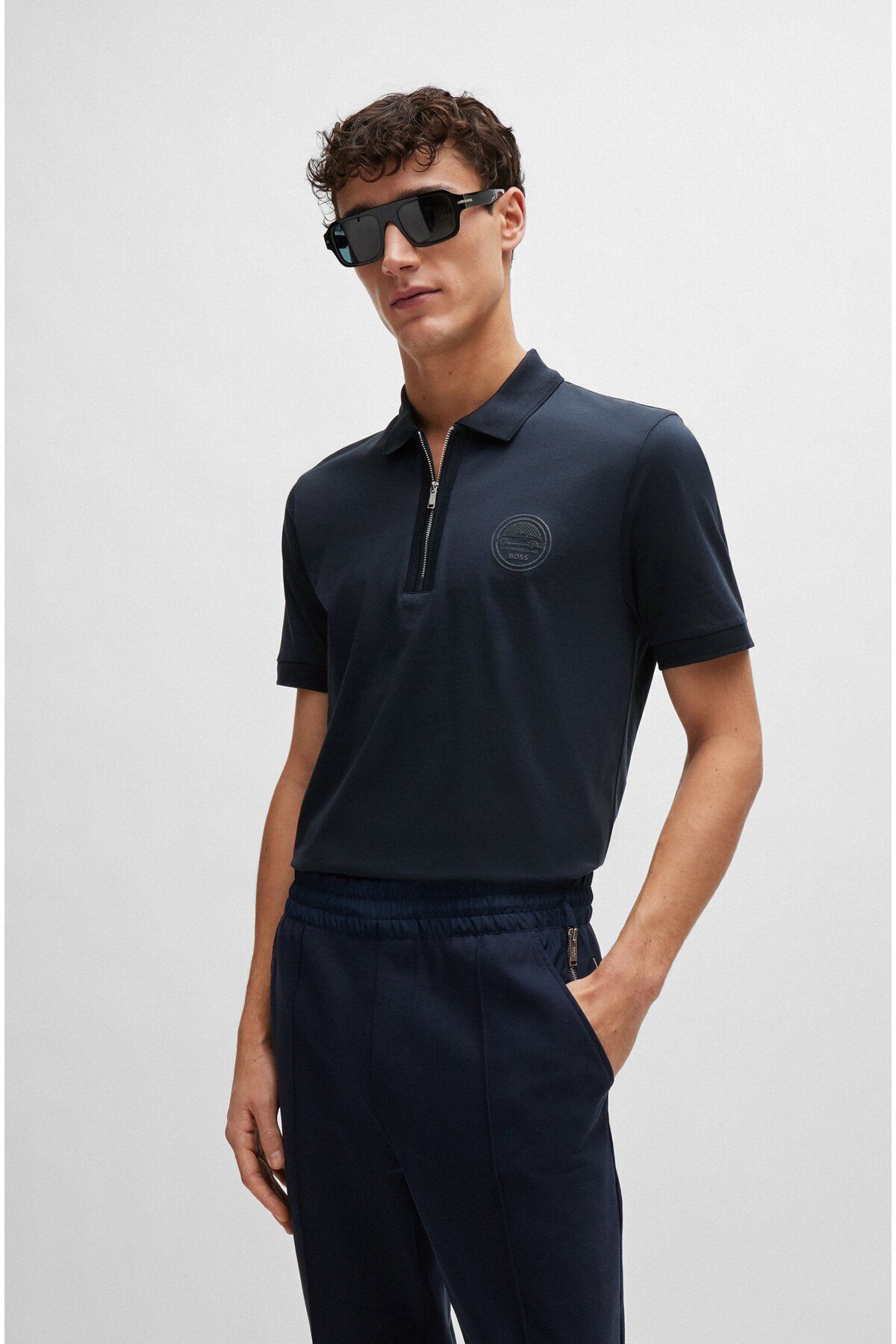 تی شرت یقه پولو آبی مردانه دکمه پنبه ، آستین کوتاه Navy Blue Polo Collar 404 BOSS