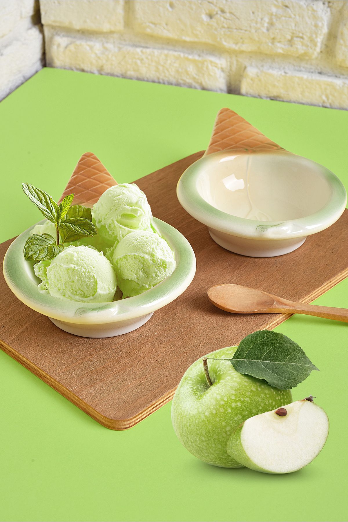 ŞURA MUTFAK-Green Apple Patterned 2-Piece Ice Cream Cone 2