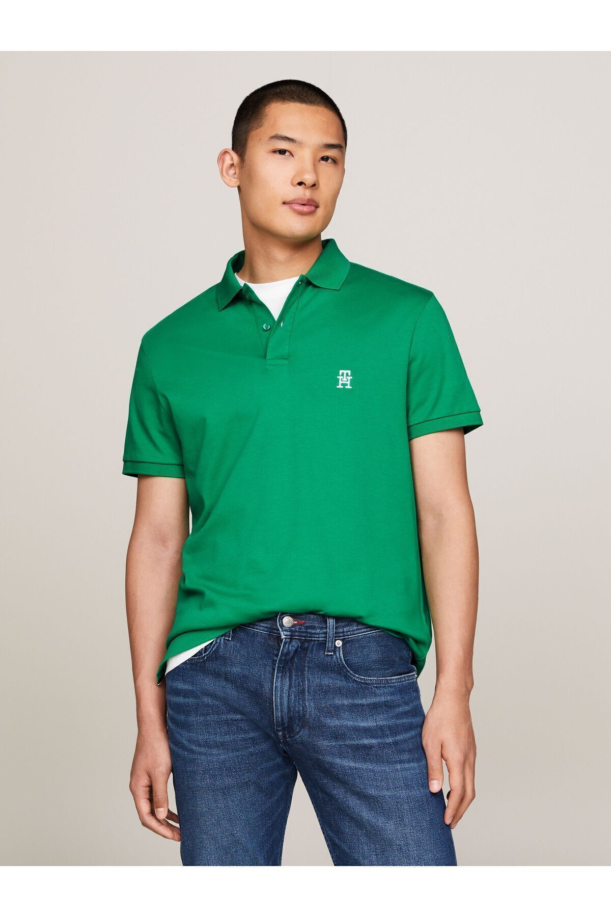 تی شرت یقه پولو سبز مردانه بافی بافندگی روزانه چند قطبی Green Mw0MW34783 L4B Tommy Hilfiger