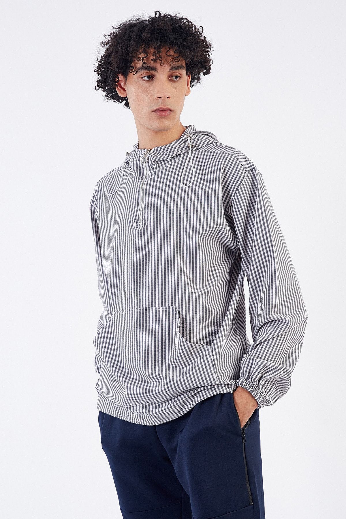 Toptan | Erkek Lacivert Kapüşonlu Kanguru Cep Sweatshirt 11-2795