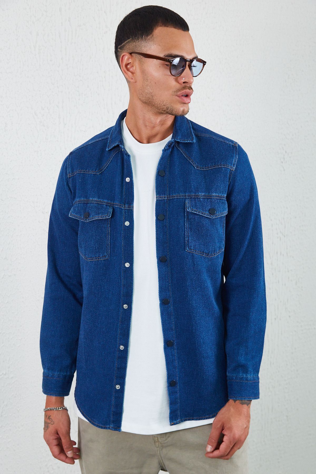 Lacivert Çift Cep Kapaklı Denim Gömlek Lacivert | MEW117830-01
