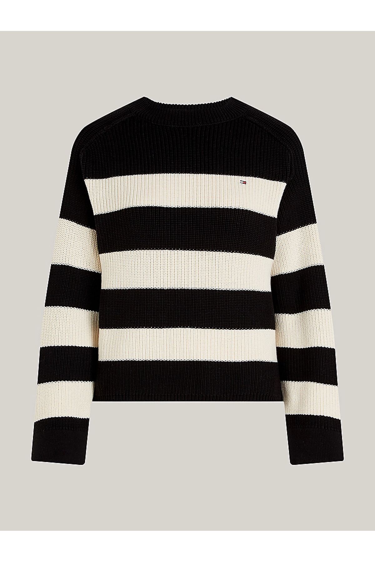 Tommy Hilfiger Women s Logo Round Neck Long Sleeve Casual Black and white Sweater WW0WW40751 0AS Trendyol