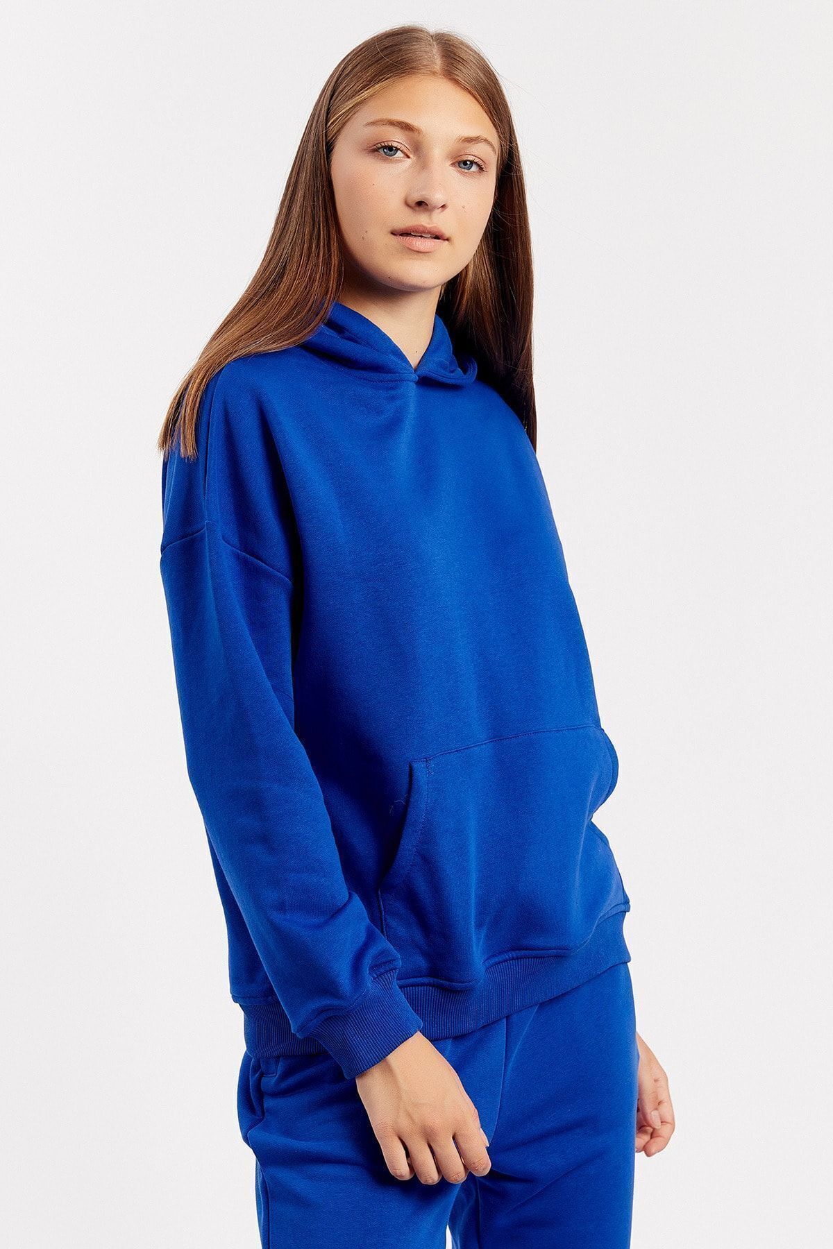 Toptan | Saks Kapşonlu Kanguru Cepli Oversize Sweat