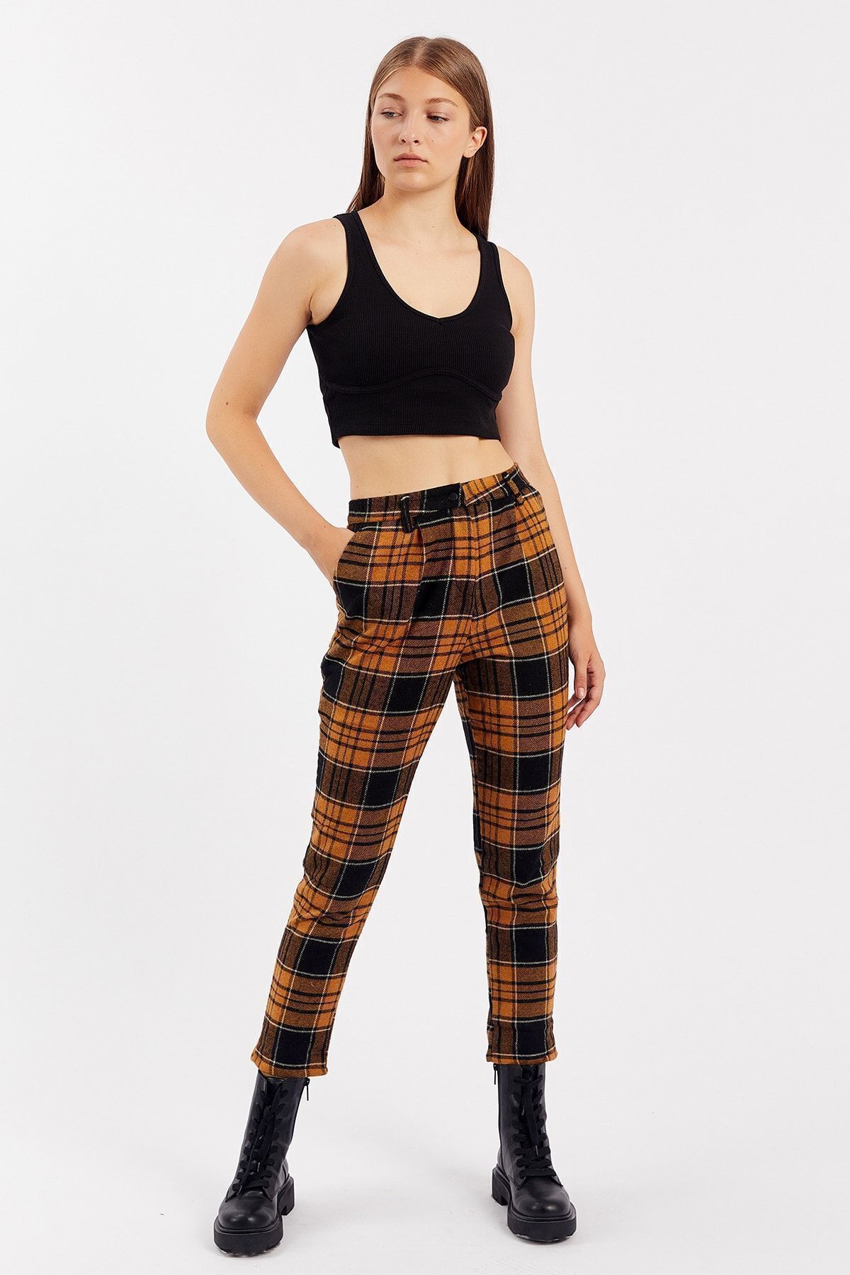 Hardal Kadın Mom Fit Flannel Pantolon | MK21W660089