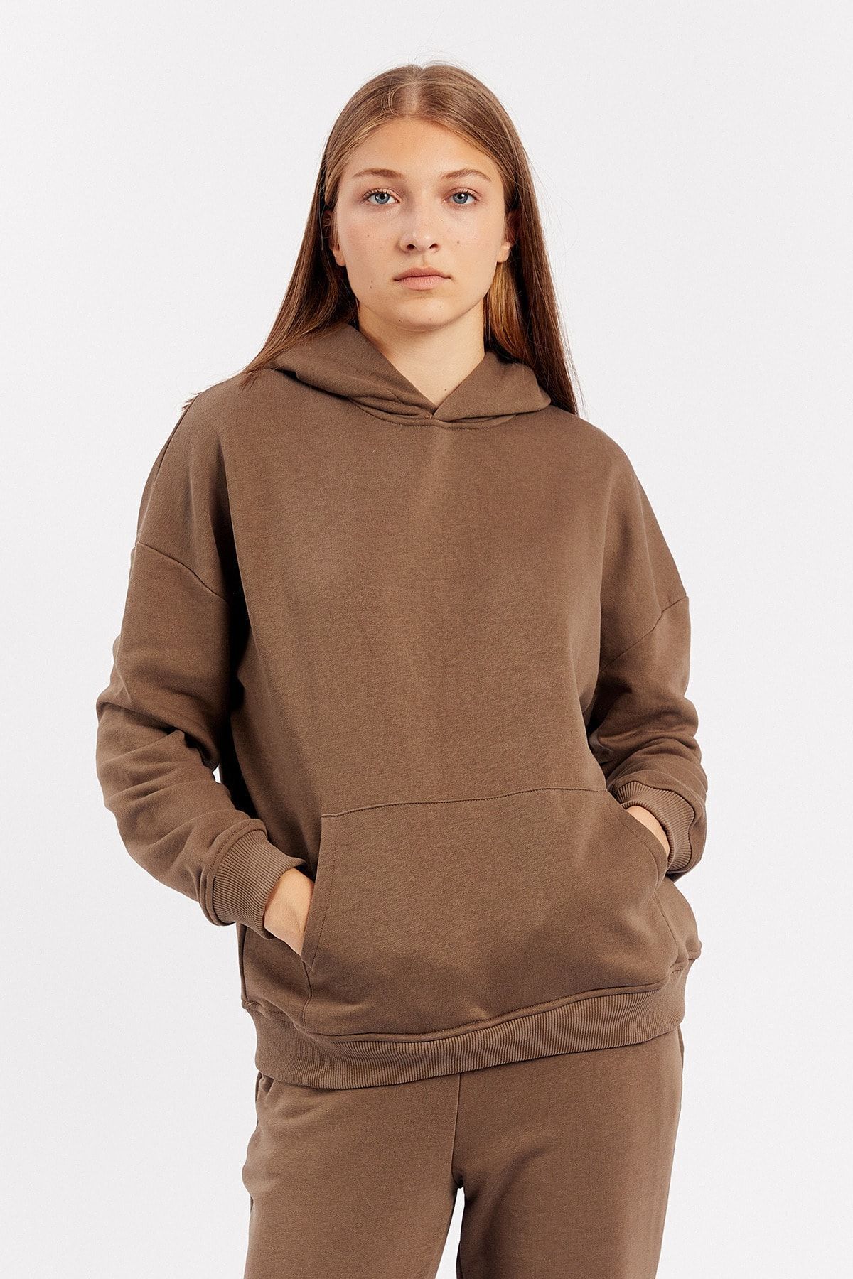 Toptan | Haki Kapşonlu Kanguru Cepli Oversize Sweat